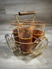 MCM Caddy 4 Glasses & Coasters Barware Set Tortoise Faux Wood Gold Rim Vintage