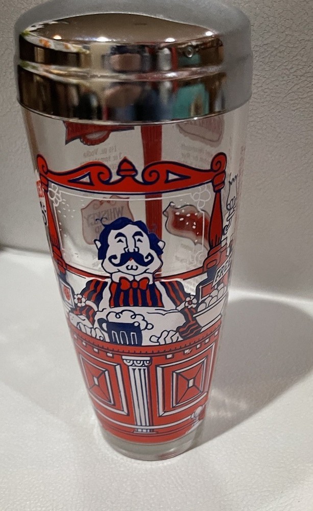 Vtg MCM Glass 10” Cocktail Shaker Drink Mixer 6 Drink Recipes Chrome Lid