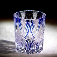 Stars Design Blue Edo Kiriko Glass Hand Cut To Clear Whiskey Glass Tumbler 9oz