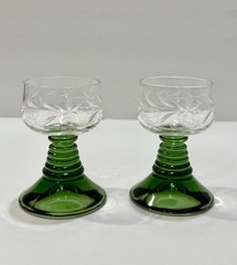 2 Vtg Bockling German Roemer Cordials Etched Grapes & Leaves UV Reactive Stems
