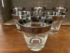 Vtg Lowball Barware Glasses Silver Platinum Rim Dorthy Thorpe Style MCM Set of 6