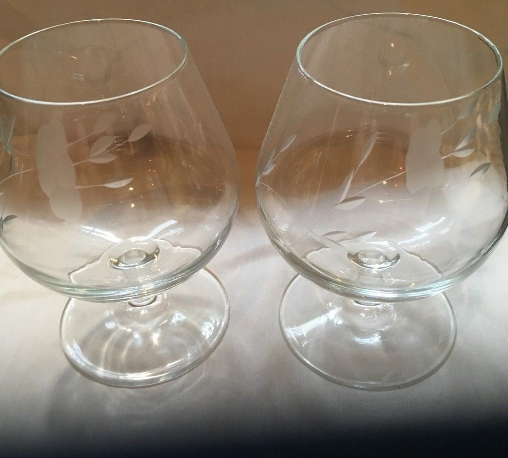 Vintage Etched Snifters Set of Two Approx 4.5″ High 3.5″ diameter Elegant !