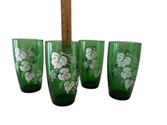 SET Of 4 Vintage Anchor Hocking Green 12 0z. Drinking Glasses White Grape Leaf