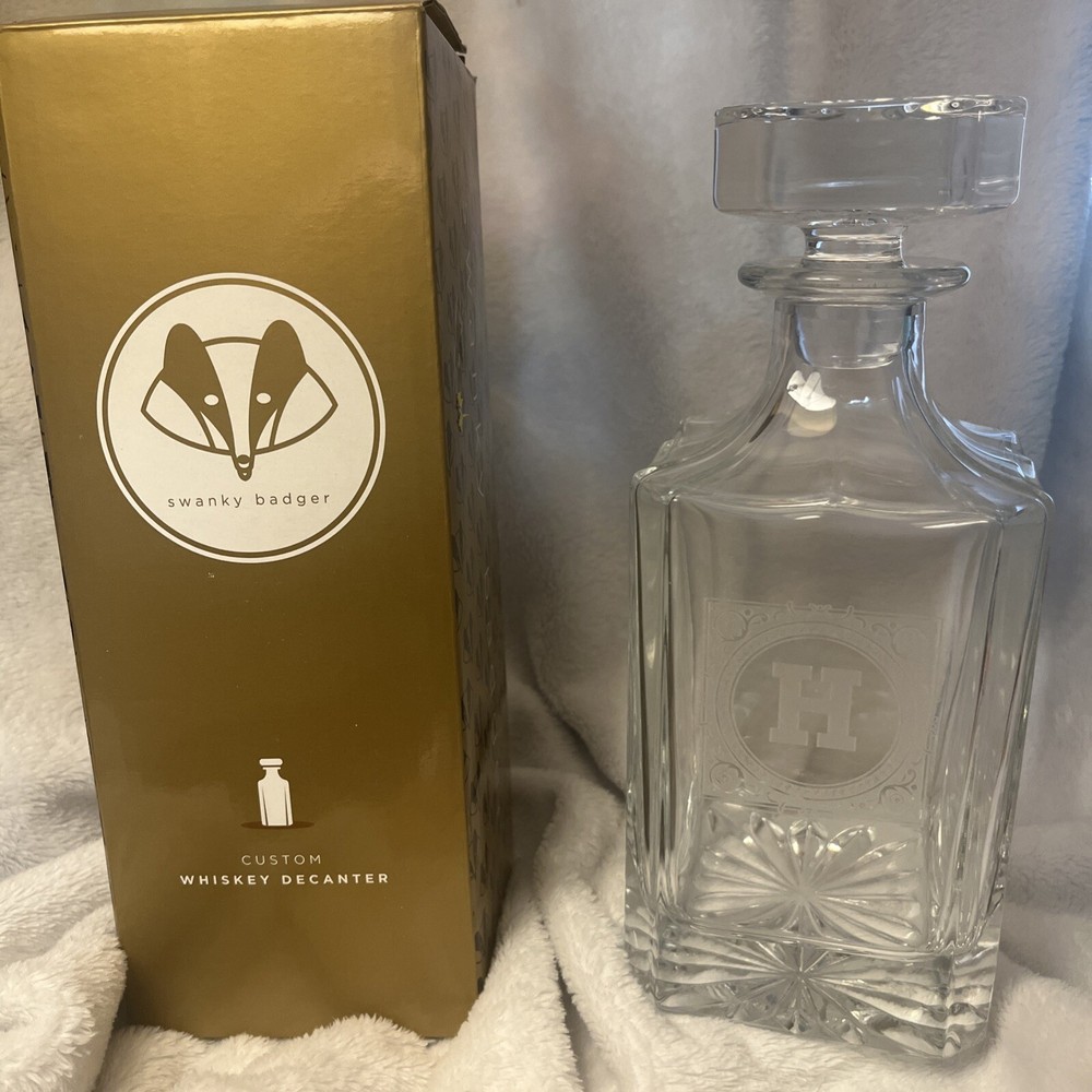 Swanky Badger Custom Whiskey Decanter. Letter H logo on Glass 28 ounce