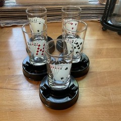 Vintage Highball Glasses W/ Poker Hand Design Cup Holders And Ashtrays Set Of 5