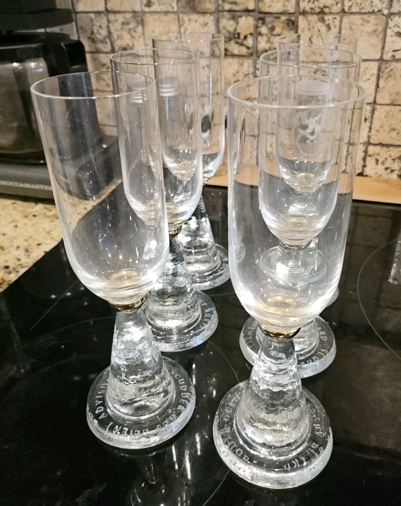 6 X Artist Signed Riler/Rilen/Riley ’97 Art Glass Custom Wine Goblets Gold Ring