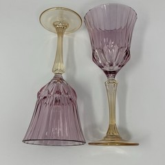 Pair of Italian Blown Glass Wine Goblets Pink Glass Bowl Gold Stem