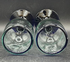 Hand Blown Goblets Set Colbalt Blue & Clear Pedestal Footed Heavy Glass Vintage
