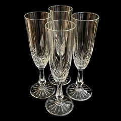 4 Ornate Cut Crystal Clear Champagne Flutes Anchor Hocking Canfield 8-1/8”t