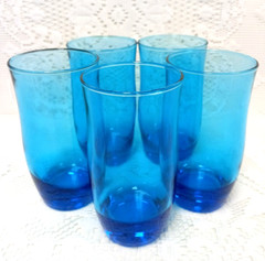 5 VTG Aqua Blue GLASS TUMBLERS 5 1/4″ Tall WEIGHTED BASE Retro MCM Artsy BOHO