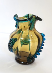 Antique Moser Portieux George Sand Blown Glass Vase Amber Teal Applied Serpent 5