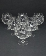 6 Vintage Etched Crystal Frosted Dot Polka-Dot Brandy Sniffer Whiskey Glasses