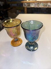 Vintage Indiana Glass Iridescent Blue And Amber Carnival Glass Grape Goblets