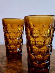 (6) Vintage Imperial Glass Provincial Heavy Dark Amber Thumbprint Tumblers 5.75″