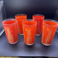 5 Vintage 1960s MCM Culver MANDALAY Red Siam Thai Goddess Glasses Tumblers 4.75″