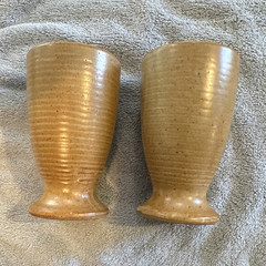 Corky Village Pottery Tumbler Cups Beige/Brown Speckled Set of 2 Signed