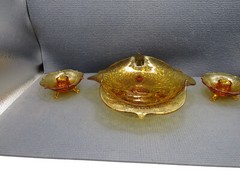 Fenton Art Glass Silvertone Amber Centerpiece 10″w and 2 Candlesticks