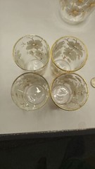 VTG 1 Pitcher 6 Glasses White Cherry Blossom Gold Trim Tree Branches Hand Blown