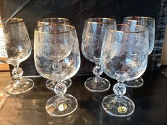 Bohemia Crystal Glasses Etched Faceted Ball Stem Gold Rim Set Of 6
