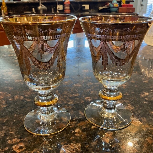 Pair 24K Gold Trimmed Vintage Luxury Design Renaisance INTERGLASS Wine Goblets
