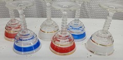 6 MCM VINTAGE RED / WHITE / BLUE COCKTAIL GLASSES 22KT GOLD RIMS STEMMED