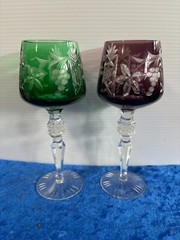 Rare Vintage Pair Bavarian Crystal Green & Purple Cut to Clear Goblets 8.25″