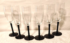 Set of 6 Twisted Black Stem Glass Champagne Flutes