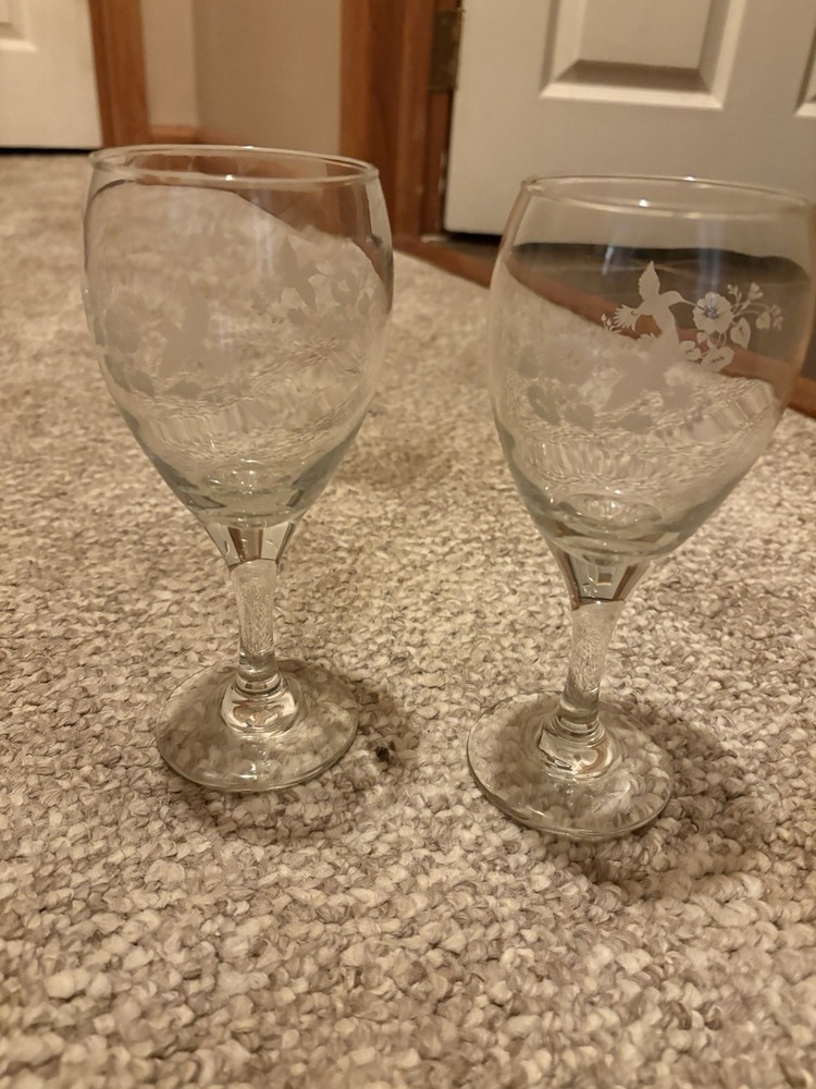 Vintage HOMCO Hummingbird Wine Goblets Raised Frosted Design Pair of 2