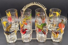 Set of 8 MCM Federal Glass GAME BIRDS Glasses 5.5” 12oz w/ Carrier c. 1954
