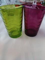 Art Glass Juice Glasses Set Of Green Wavy And Purple Wavy 2