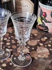 2 Antique Art Deco Style Circa Early Century Hand Cut Etched Glass 4.25″ Sherry