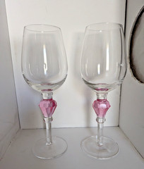 Clear 9″ Tall Long Pink Diamond Stem Wine Goblet Swirl Glass