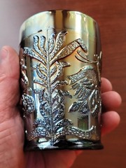 Silvery Bue Fenton Carnival Glass Fluffy Peacock Pattern Tumbler