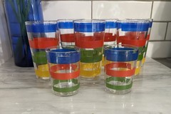 8 Mid-Century Modern Rainbow Stripped Tumbler Glasses Blue Yellow Red