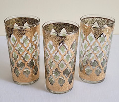 Culver MCM Valencia Flat Tumbler Highball 5.5″ 22K Gold & Green Diamond Lot of 3