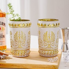 SIX Sungmor Vintage White and Gold Highball Tumblers – Embossed Thick Glass NEW