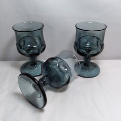 Vintage Set 3 Indiana Glass Riviera Blue Kings Crown Thumbprint 4⅜» Goblets 4oz