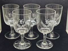 Set Of 5 Antique Boston & Sandwich Or NE Glass Wheel Engraved Flint Goblets «K»