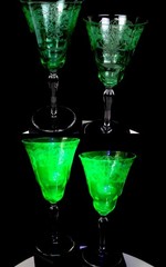 Bryce Bros Vaseline Uranium Glass 2 Paige Scrolls 8oz 7 7/8″ Water Goblets 1920-