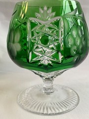 Ajka Marsala Emerald Green Cut to Clear Crystal Brandy Glass Cut Stem Hungary