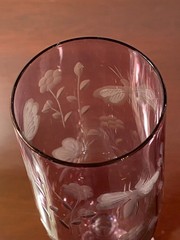 Romanian Etched Butterflies Ladybugs Dragonflies Amethyst CHAMPAGNE Glasses 6 PC