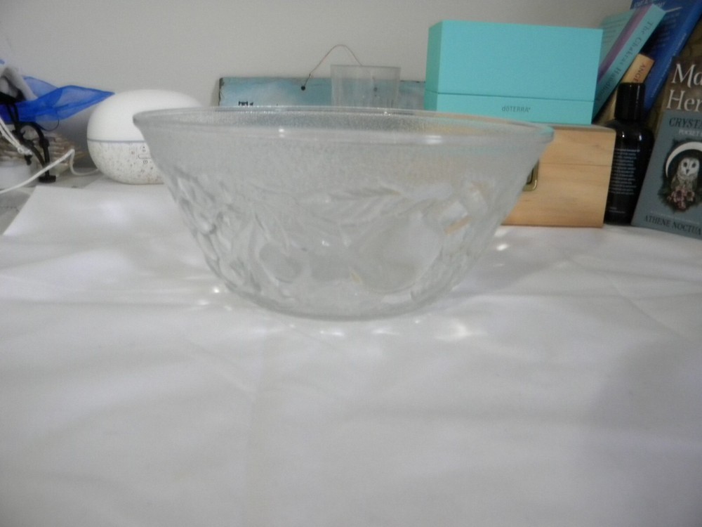 Glass Bowl w/fruit molded outside Stamped Italy 3 1/2″ height, 8 1/4″ diameter