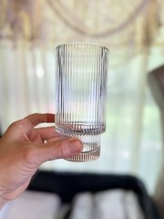 Set of 4 Ribbed Highball Glasses Clear Vintage Art Deco Style Tumblers 5.5”