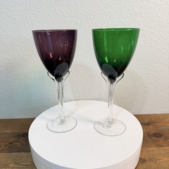 MURANO Tulip Based Wine Glasses Purple & Green Clear Ribbed Stem Goblets Set 2