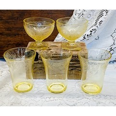 Vintage Yellow Depression Glass Floral Etched Sherbet & Tumbler Set 5pc