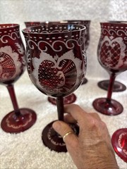 Antique Bohemian EGERMANN Cut to Clear Ruby Red Stemware Wine Glass Goblet Water