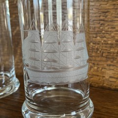 2 TOSCANY Tumblers Etched CLIPPER SHIP CRYSTAL Clear Glass Cocktail Highball Set
