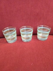 3 Vintage Libbey (Collins) Glasses Mid Century Modern Gold Aqua Green Enamel