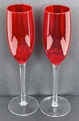 VTG Ruby Red Glass Champagne Flutes Clear Stem Hand Blown Modern Luxury Set