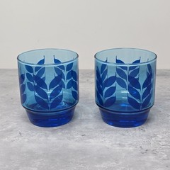 MCM J. WM Hale Cobalt Blue Leaf Lowball Cocktail Drink Glasses Set of 2 EUC